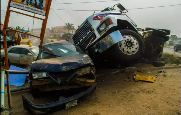 Photos Of Ghastly Accident Involving A Speeding Truck And Car In Lagos